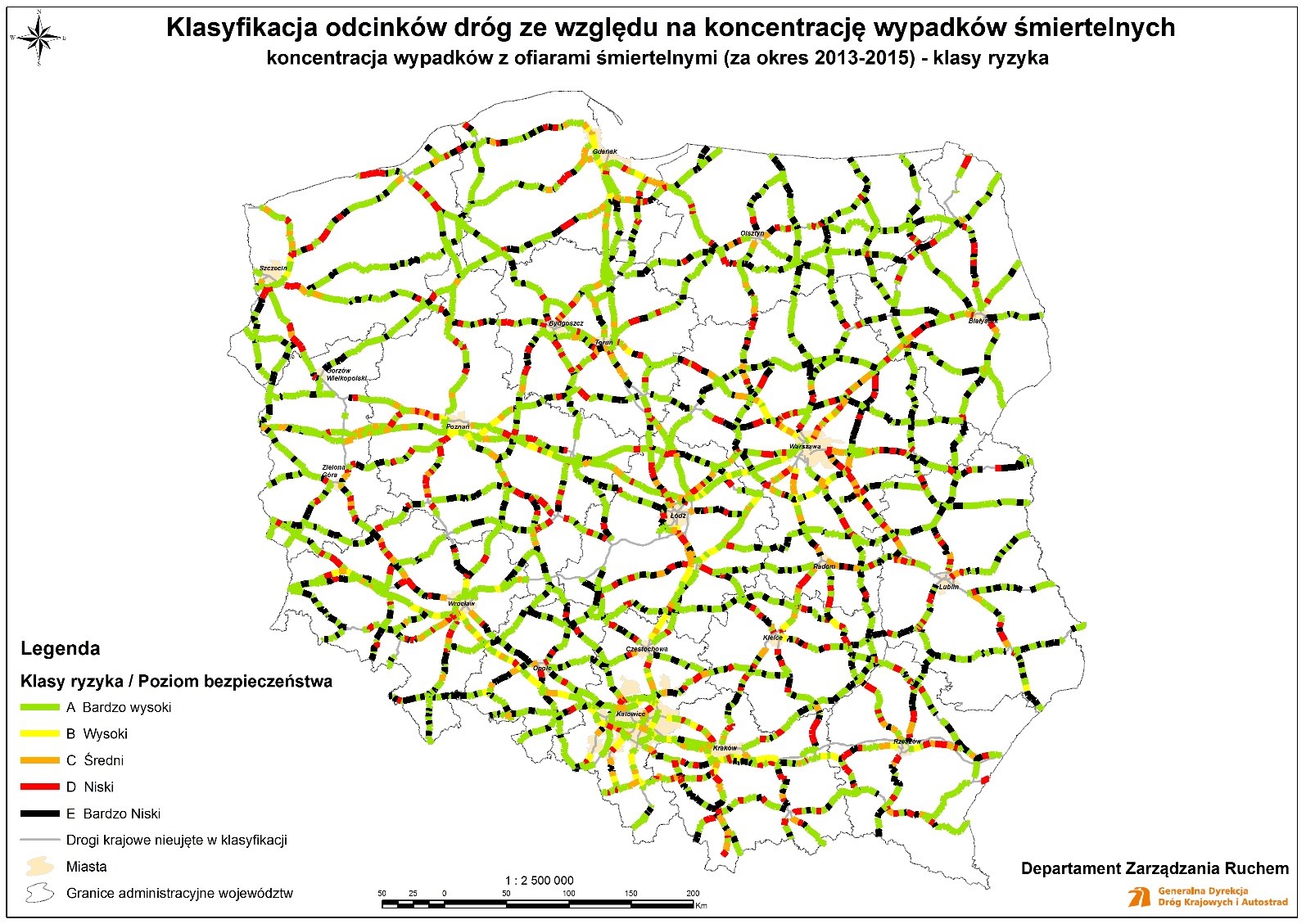 Figure 10.4  Road safety levels map, based on fatal accident crash risk concentration for national roads in Poland. Each color represents other safety level. It helps to focus on the highest risk locations.